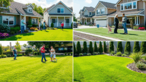 A beautifully landscaped commercial space and backyard featuring artificial turf solutions, showcasing lush greenery, durability, and modern design.