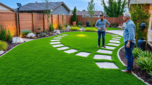 A modern landscape featuring premium artificial turf, showcasing lush greenery, durability, and eco-friendly benefits for sustainable outdoor spaces.
